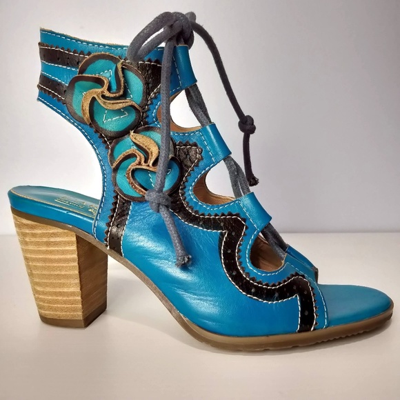 Spring Step Shoes - L'Artiste Leather Blue Heeled Lace Up Sandals 6.5